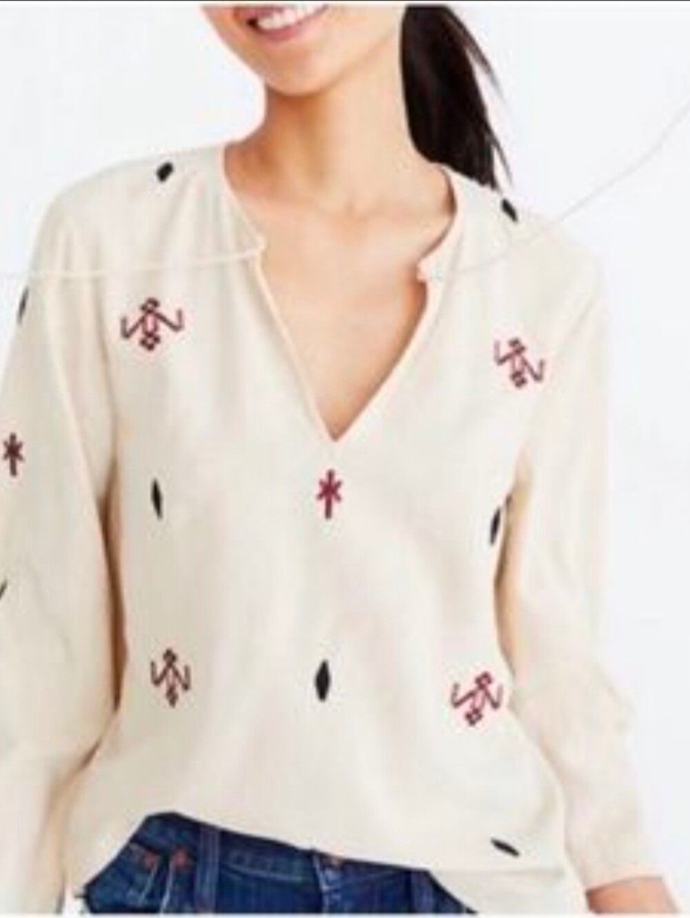 Madewell Cream Top with Burgundy Loop Detail Size XS